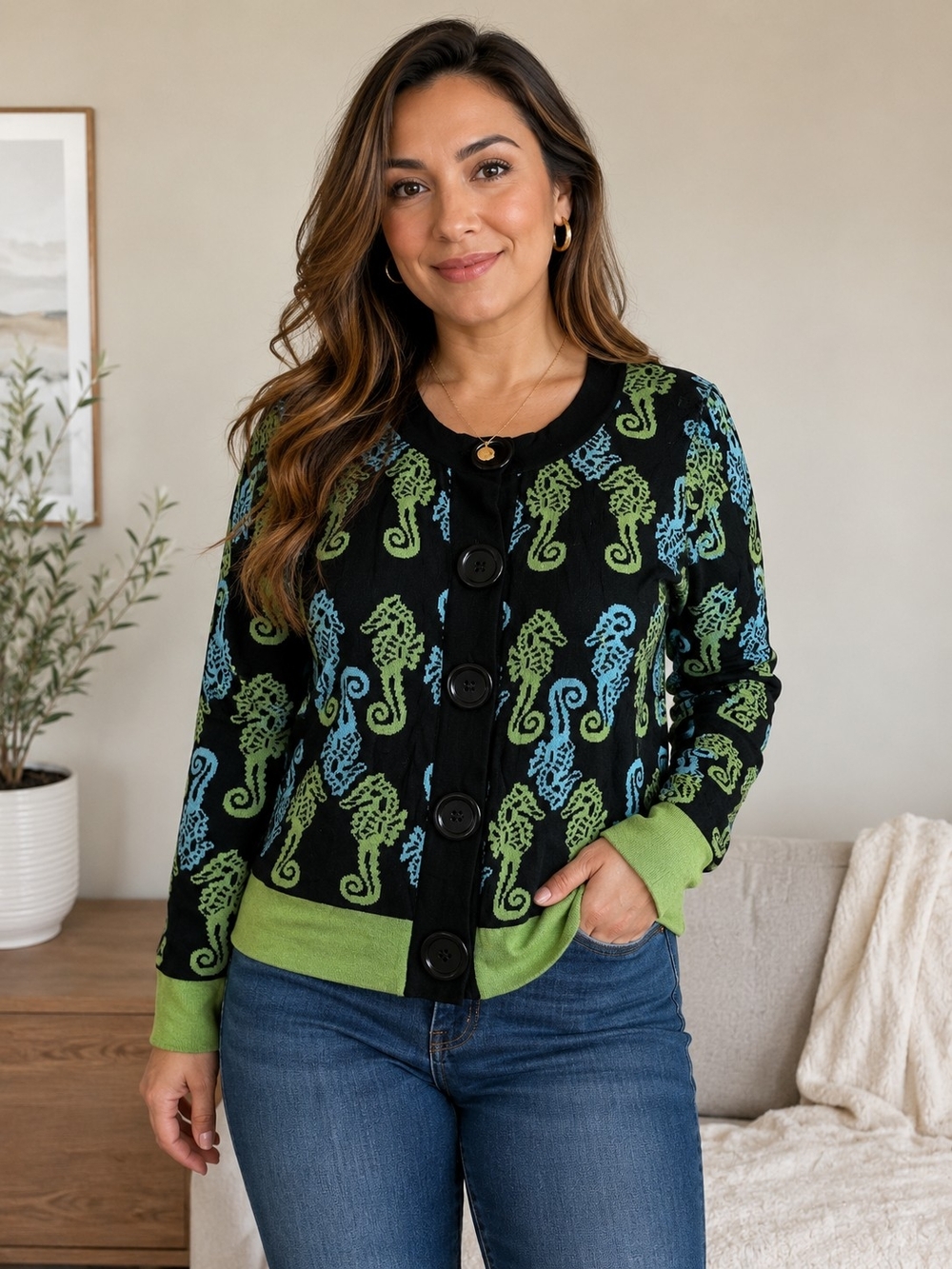 Caprice Brand Black Cardigan with Green & Blue Seahorse Pattern L